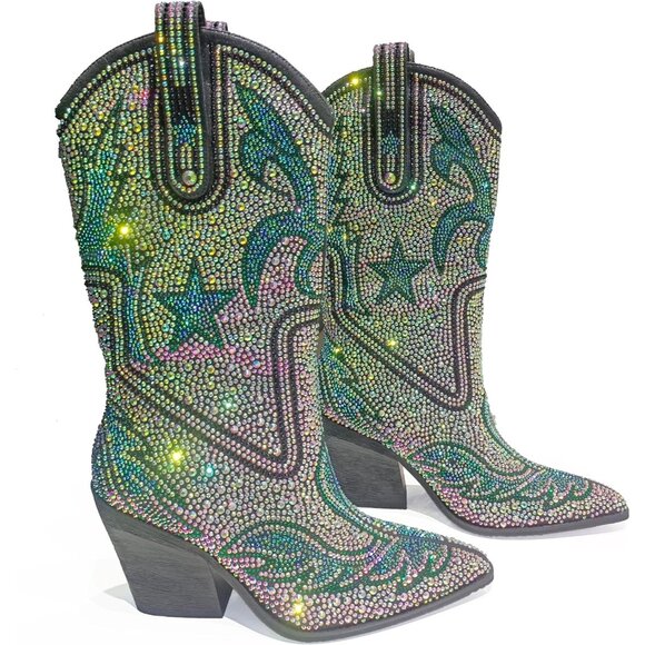 Shoes - Women's Blue-green Multi-color Patterned Rhinestone Western Cowboy Mid-calf Boot